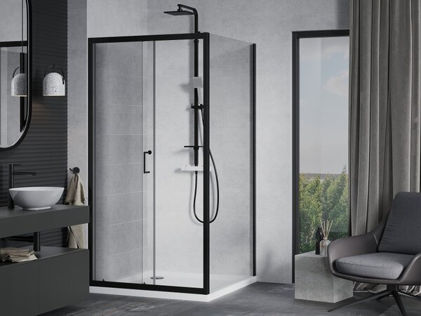 Mexen Apia, cabină de duș cu ușă glisantă 90 (uşă) x 90 (perete) cm, sticlă transparentă 6 mm, profil negru + cadă de duș albă, 840-090-090-70-00-4010B