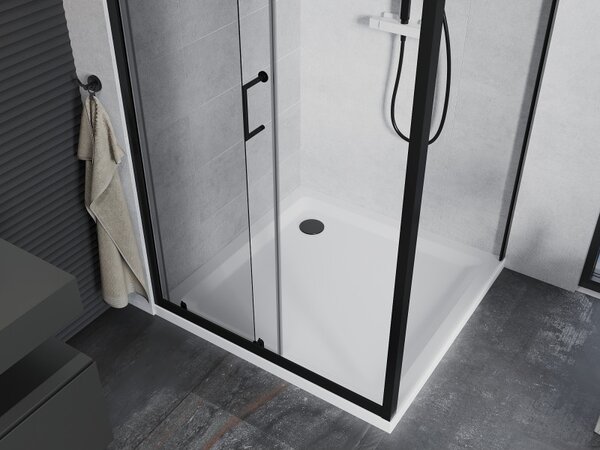 Mexen Apia, cabină de duș cu ușă glisantă 90 (uşă) x 90 (perete) cm, sticlă transparentă 6 mm, profil negru + cadă de duș albă, 840-090-090-70-00-4010B