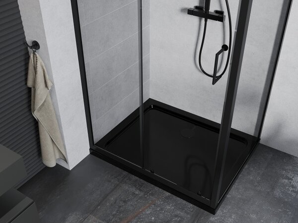 Mexen Apia, cabină de duș cu ușă glisantă 100 (uşă) x 80 (perete) cm, sticlă transparentă 6 mm, profil negru + cadă de duș neagră cu sifon negru, 840…