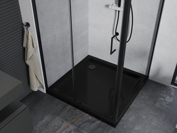 Mexen Apia, cabină de duș cu ușă glisantă 90 (uşă) x 90 (perete) cm, sticlă transparentă 6 mm, profil negru + cadă de duș neagră cu sifon negru, 840-090-090-70-00-4070B
