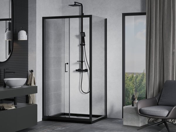 Mexen Apia, cabină de duș cu ușă glisantă 100 (uşă) x 80 (perete) cm, sticlă transparentă 6 mm, profil negru + cadă de duș neagră cu sifon negru, 840…