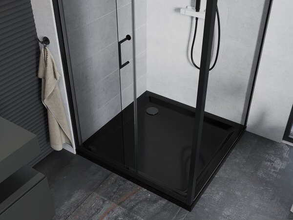 Mexen Apia, cabină de duș cu ușă glisantă 90 (uşă) x 90 (perete) cm, sticlă transparentă 6 mm, profil negru + cadă de duș neagră cu sifon negru, 840-090-090-70-00-4070B