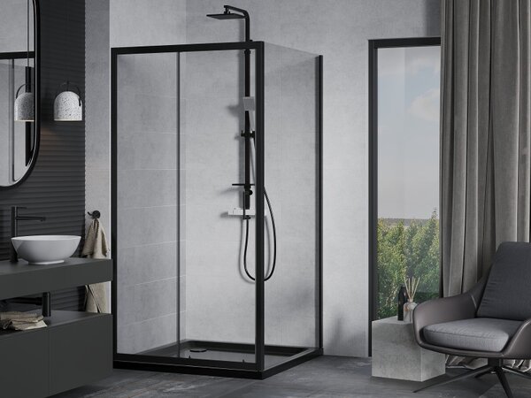 Mexen Apia, cabină de duș cu ușă glisantă 90 (uşă) x 90 (perete) cm, sticlă transparentă 6 mm, profil negru + cadă de duș neagră cu sifon negru, 840-090-090-70-00-4070B