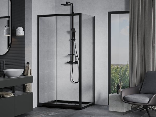 Mexen Apia, cabină de duș cu ușă glisantă 100 (uşă) x 80 (perete) cm, sticlă transparentă 6 mm, profil negru + cadă de duș neagră cu sifon negru, 840…