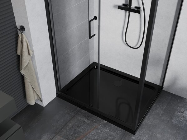 Mexen Apia, cabină de duș cu ușă glisantă 100 (uşă) x 80 (perete) cm, sticlă transparentă 6 mm, profil negru + cadă de duș neagră cu sifon negru, 840…