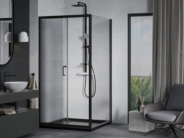 Mexen Apia, cabină de duș cu ușă glisantă 90 (uşă) x 90 (perete) cm, sticlă transparentă 6 mm, profil negru + cadă de duș neagră cu sifon negru, 840-090-090-70-00-4070B