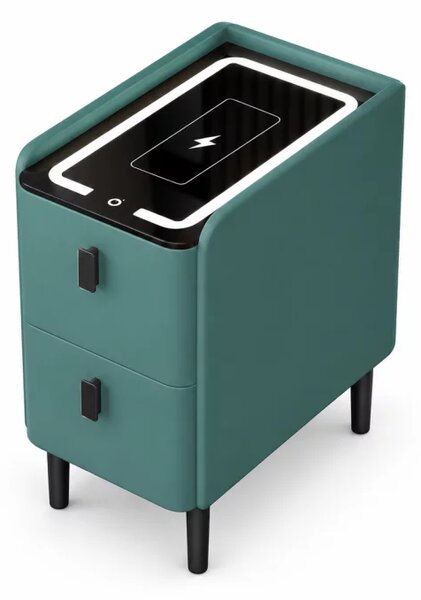 Noptiera inteligenta slim cu incarcare wireless, iluminare LED si 2 sertare – culoare verde, design modern din sticla si lemn