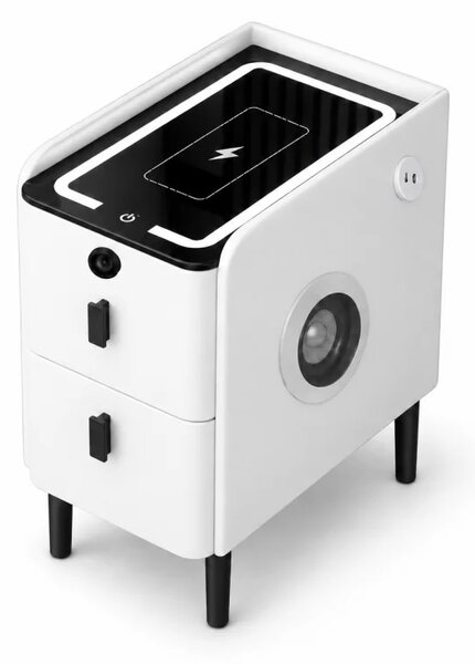 Noptiera inteligenta slim cu incarcare wireless, iluminare LED, difuzor Bluetooth, port USB & Type-C si sistem cu amprenta – culoare alb, 2 sertare, design modern din sticla si lemn