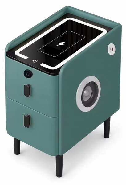Noptiera inteligenta slim cu incarcare wireless, iluminare LED, difuzor Bluetooth, port USB & Type-C si sistem cu amprenta – culoare verde, 2 sertare, design modern din sticla si lemn