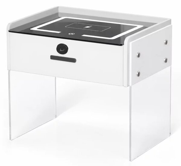Noptiera inteligenta cu incarcare wireless, iluminare LED, 1 sertar de depozitare, difuzor Bluetooth si inchidere prin amprenta – alba, design modern din sticla si lemn