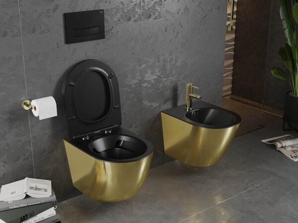Mexen Lena, vas de toaletă suspendat 480x360x355 mm cu scaun care căde încet, negru mat - auriu, 30224076