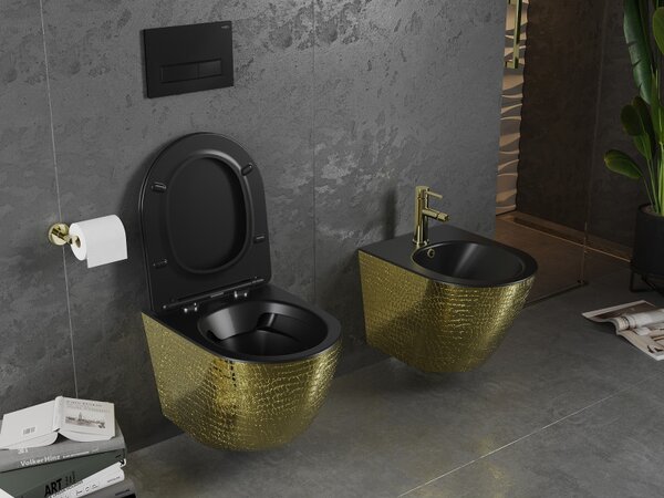 Mexen Lena, vas de toaletă suspendat 480x360x355 mm cu scaun care cade încet, negru mat - model auriu, 30224078
