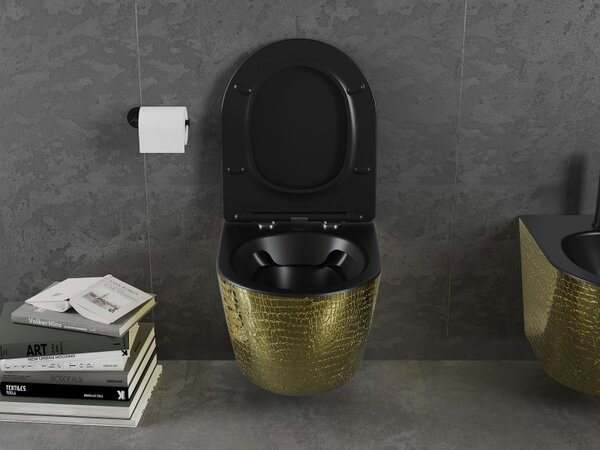 Mexen Lena, vas de toaletă suspendat 480x360x355 mm cu scaun care cade încet, negru mat - model auriu, 30224078