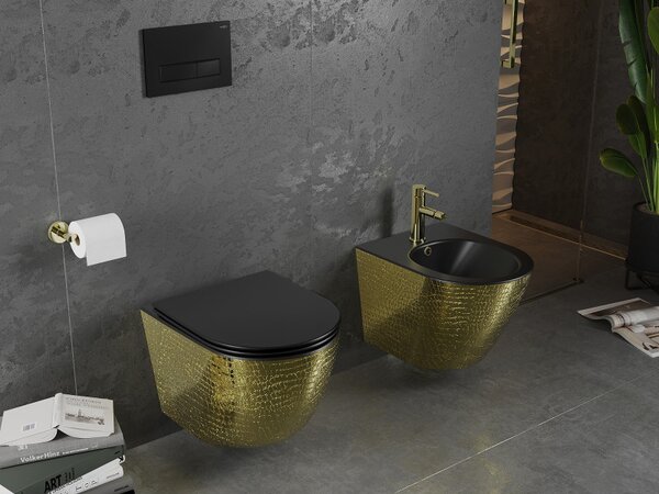 Mexen Lena, vas de toaletă suspendat 480x360x355 mm cu scaun care cade încet, negru mat - model auriu, 30224078