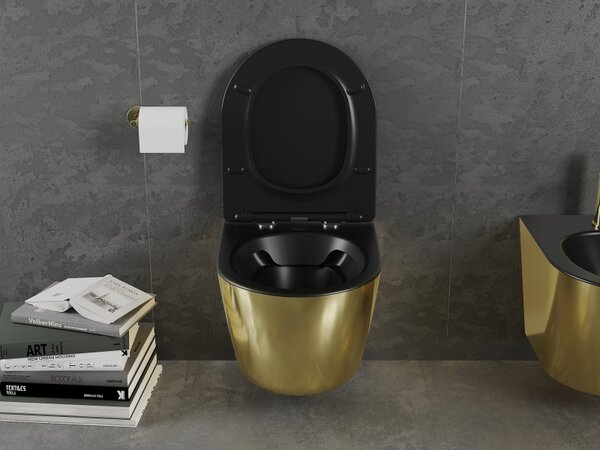 Mexen Lena, vas de toaletă suspendat 480x360x355 mm cu scaun care căde încet, negru mat - auriu, 30224076