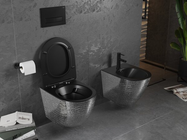 Mexen Lena, vas de toaletă suspendat 480x360x355 mm cu scaun care cade încet, negru mat - model argintiu, 30224072
