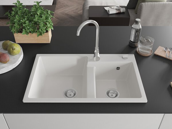 Mexen Tomas, chiuveta granit 800x500x190 mm, 2 camere, alb, 6516802000-20