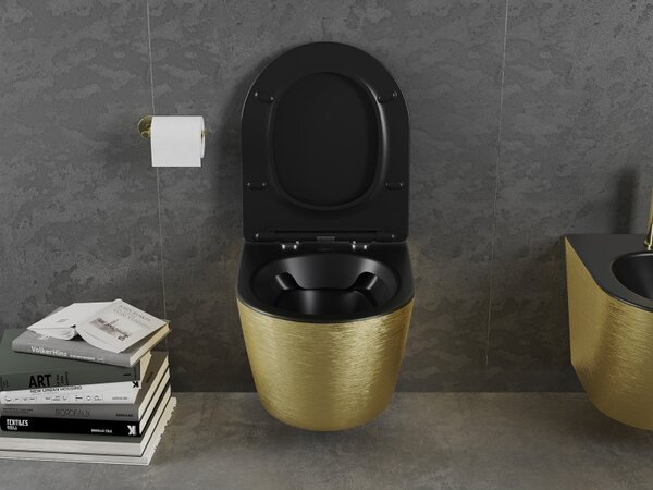 Mexen Lena, vas de toaletă suspendat 480x360x355 mm cu scaun care cade încet, negru mat - model auriu, 30224077