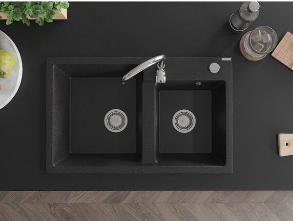 Mexen Tomas, chiuveta granit 800x500x190 mm, 2 camere, negru - argintiu metalic, 6516802000-73