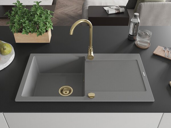 Mexen Leo, chiuveta granit 900x500x190 mm, 1 camera, gri cu sifon auriu, 6501901010-71-G