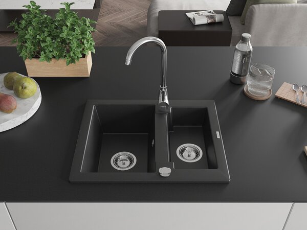 Mexen Carlos, chiuvetă din granit 582x475x177 mm, 1,5 camere, negru, 6518581500-77