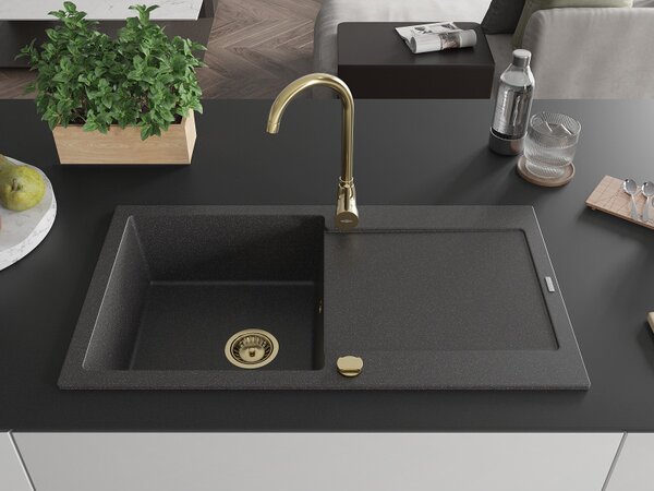 Mexen Leo, chiuveta granit 900x500x190 mm, 1 camera, pete negre cu sifon auriu, 6501901010-76-G
