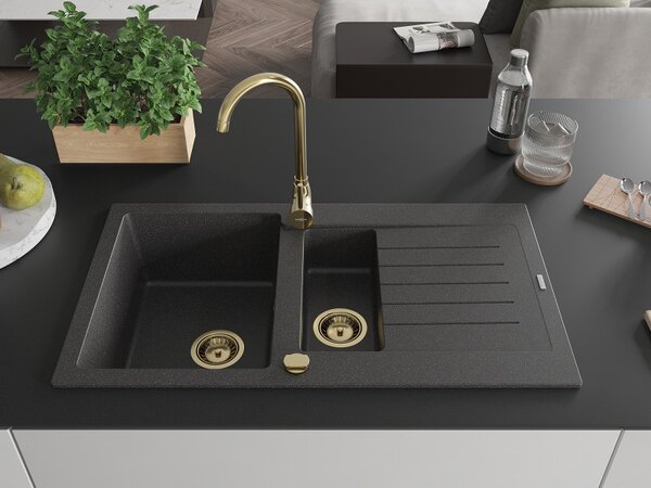 Mexen Matias - chiuveta granit 900x505x200 mm, 1,5 camere, pete negre cu sifon negru, 6502901505-76-G