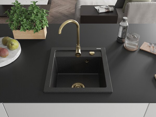Mexen Vito, chiuveta granit 520x490x210 mm, 1 camera, negru-argintiu metalic cu sifon auriu, 6503521000-73-G