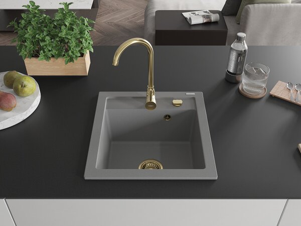 Mexen Vito, chiuveta granit 520x490x210 mm, 1 camera, gri cu sifon auriu, 6503521000-71-G