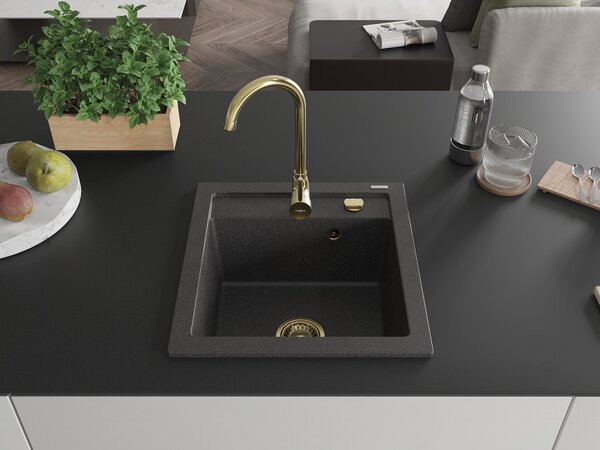 Mexen Vito, chiuveta granit 520x490x210 mm, 1 camera, pete negre cu sifon auriu, 6503521000-76-G