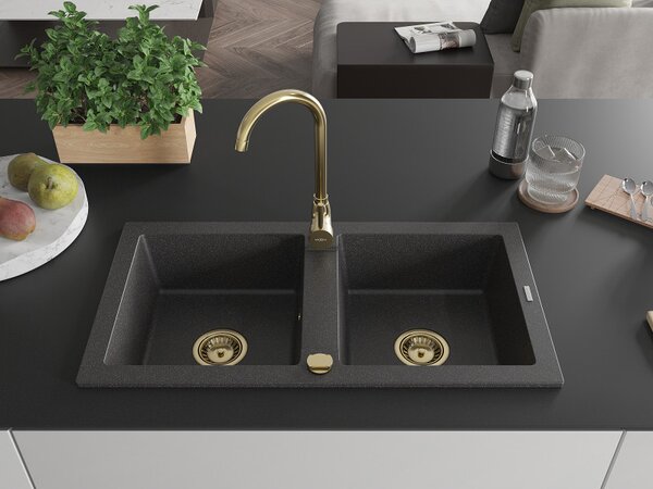 Mexen Mario, chiuveta granit 820x436x161 mm, 2 camere, pete negre cu sifon auriu, 6504822000-76-G