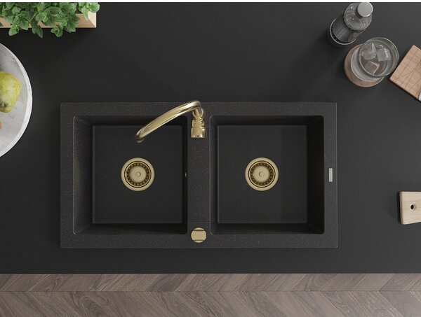 Mexen Mario, chiuveta granit 820x436x161 mm, 2 camere, negru-argintiu metalic cu sifon auriu, 6504822000-73-G