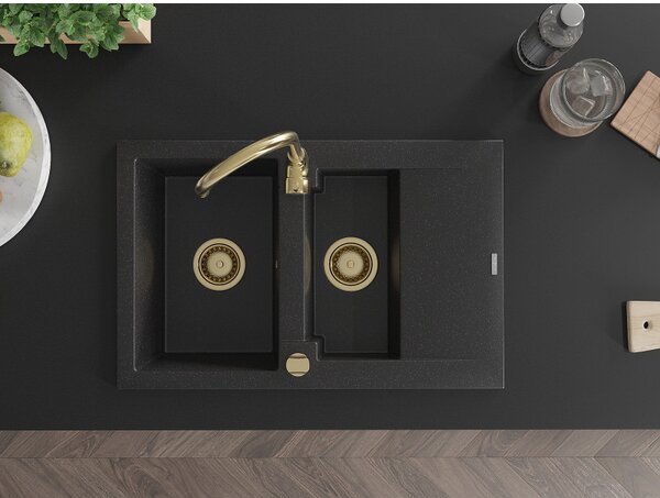 Mexen Gaspar, chiuveta granit 737x475x177 mm, 1,5 camere, negru-argintiu metalic cu sifon auriu, 6507731505-73-G