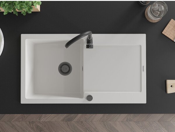 Mexen Leo, chiuveta granit 900x500x190 mm, 1 camera, alb cu sifon negru, 6501901010-20-B