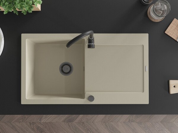 Mexen Leo, chiuveta granit 900x500x190 mm, 1 camera, bej cu sifon negru, 6501901010-69-B