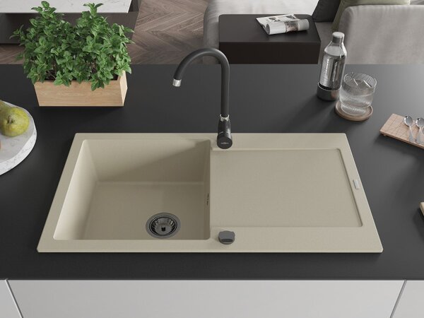 Mexen Leo, chiuveta granit 900x500x190 mm, 1 camera, bej cu sifon negru, 6501901010-69-B