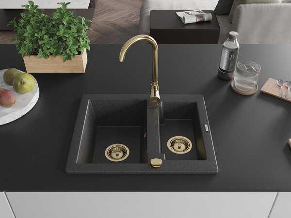Mexen Carlos, chiuvetă din granit 582x475x177 mm, cu 1,5 camere, pete negre cu sifon de aur, 6518581500-76-G