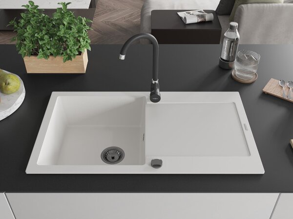 Mexen Leo, chiuveta granit 900x500x190 mm, 1 camera, alb cu sifon negru, 6501901010-20-B
