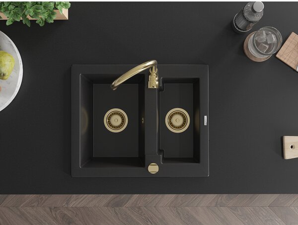 Mexen Carlos, chiuvetă din granit 582x475x177 mm, 1,5 camere, negru cu sifon auriu, 6518581500-77-G