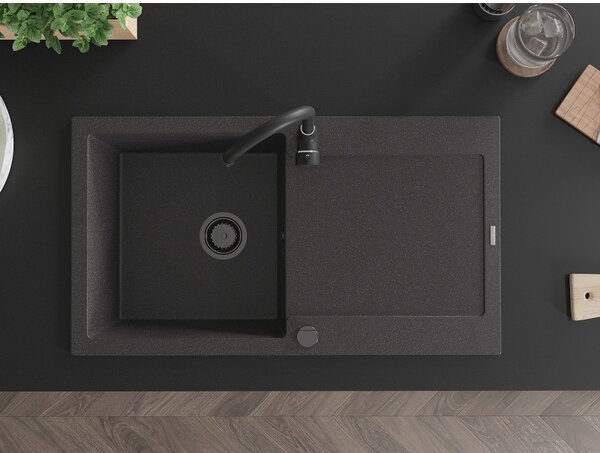 Mexen Leo, chiuveta granit 900x500x190 mm, 1 camera, pete negre cu sifon negru, 6501901010-76-B