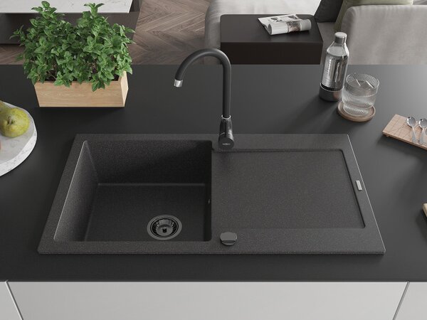 Mexen Leo, chiuveta granit 900x500x190 mm, 1 camera, pete negre cu sifon negru, 6501901010-76-B