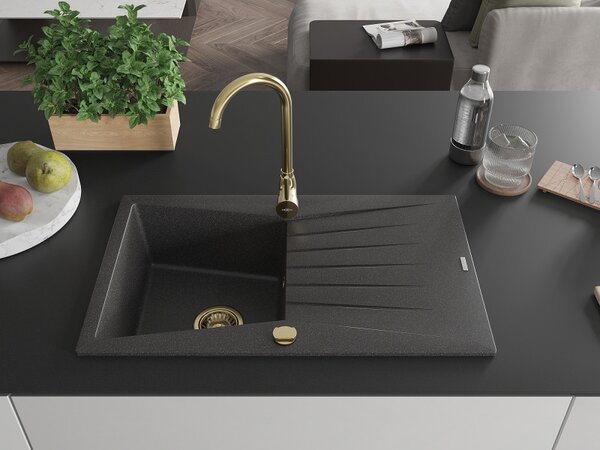 Mexen Cesar, chiuveta granit 775x470x190 mm, 1 camera, pete negre cu sifon de aur, 6514771010-76-G