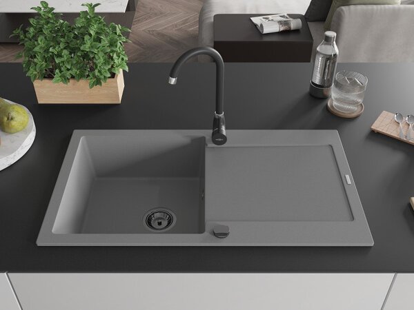 Mexen Leo, chiuveta granit 900x500x190 mm, 1 camera, gri cu sifon negru, 6501901010-71-B