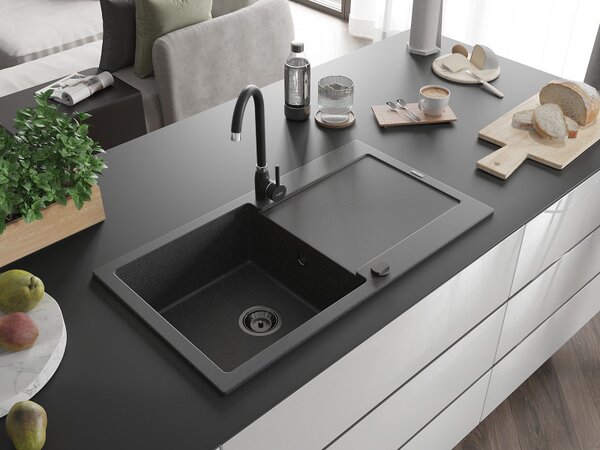 Mexen Leo, chiuveta granit 900x500x190 mm, 1 camera, pete negre cu sifon negru, 6501901010-76-B