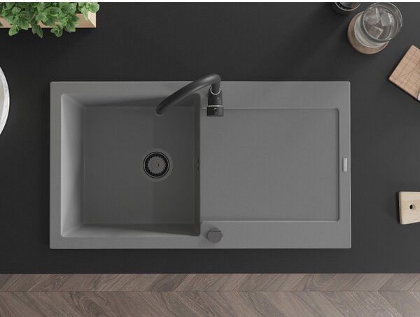 Mexen Leo, chiuveta granit 900x500x190 mm, 1 camera, gri cu sifon negru, 6501901010-71-B