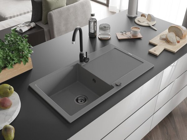 Mexen Leo, chiuveta granit 900x500x190 mm, 1 camera, gri cu sifon negru, 6501901010-71-B