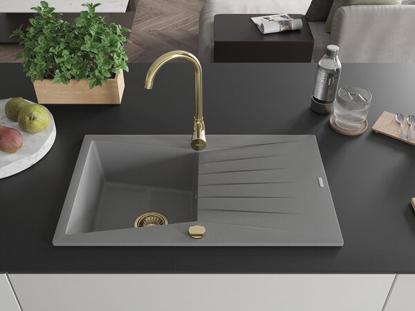 Mexen Cesar, chiuveta granit 775x470x190 mm, 1 camera, gri cu sifon auriu, 6514771010-71-G