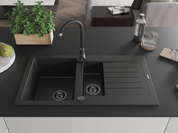 Mexen Matias - chiuveta granit 900x505x200 mm, 1,5 camere, negru cu sifon negru, 6502901505-77-B