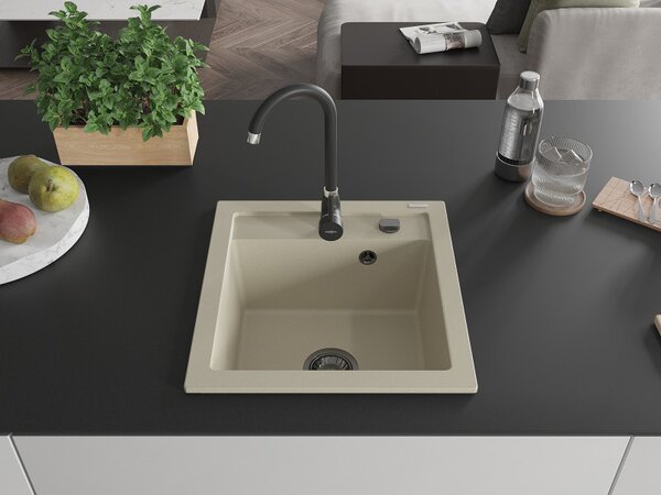 Mexen Vito, chiuveta granit 520x490x210 mm, 1 camera, bej cu sifon negru, 6503521000-69-B