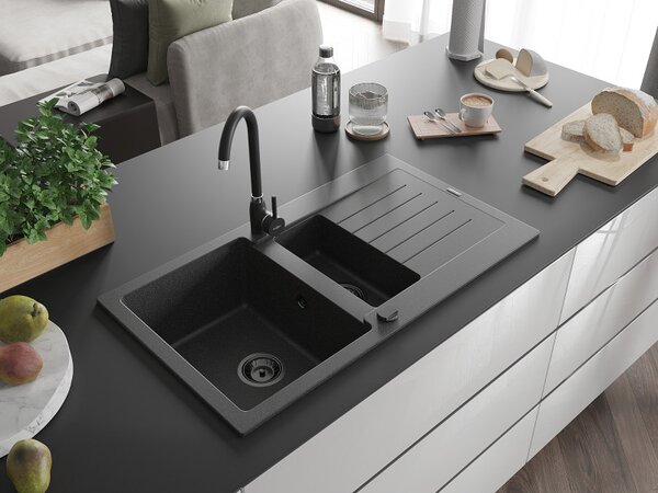 Mexen Matias - chiuveta granit 900x505x200 mm, 1,5 camere, pete negre cu sifon negru, 6502901505-76-B
